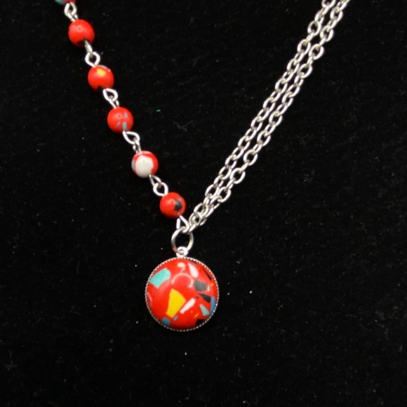 Bright Red Abstract Papparazi Necklace & 2 Pairs Earrings Set - Picture 9 of 12